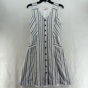 LOFT Dress Women's 00P White Gray Striped Tank A-Line V Neck Lined Knee Length